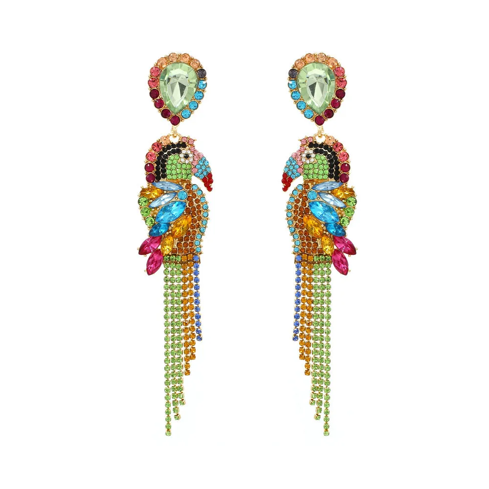 Wholesale Long Alloy Diamond Parrot Tassel Earrings
