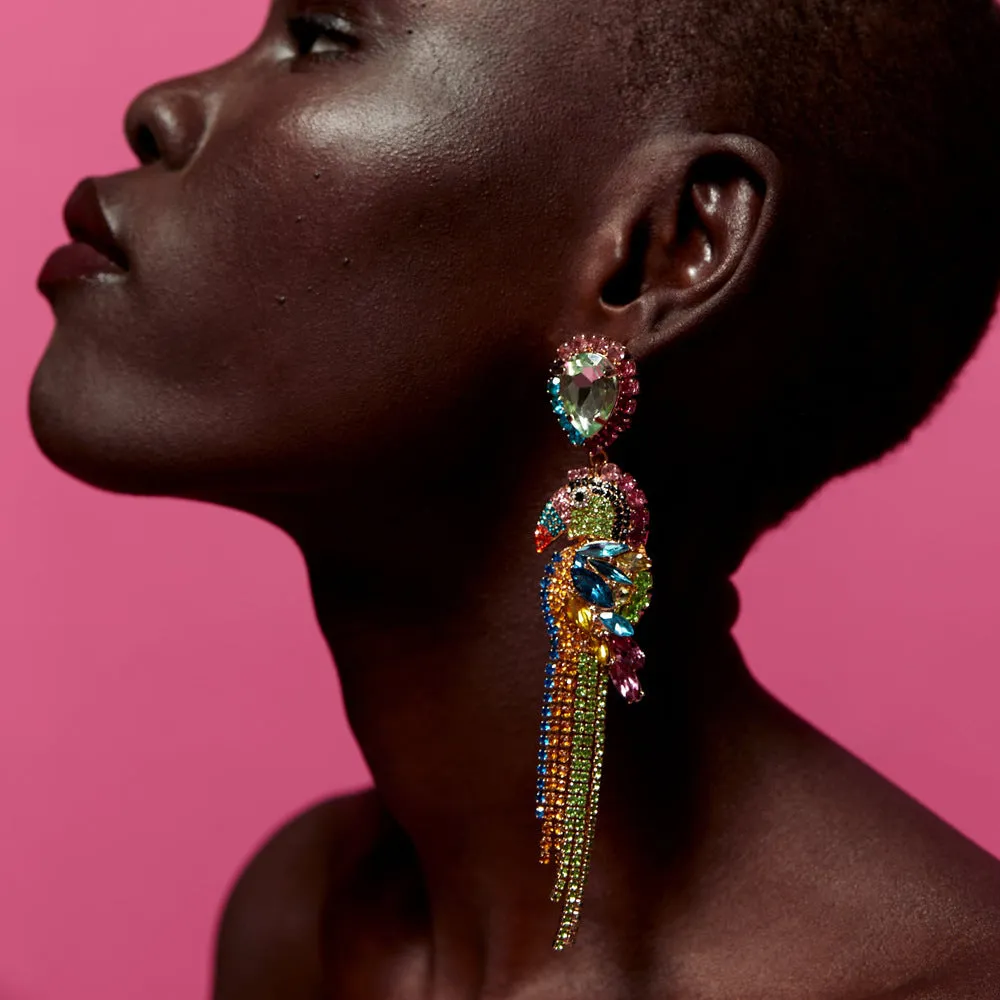 Wholesale Long Alloy Diamond Parrot Tassel Earrings
