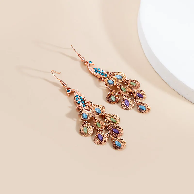 Wholesale Long Fashion Vintage Large Peacock Crystal Earrings