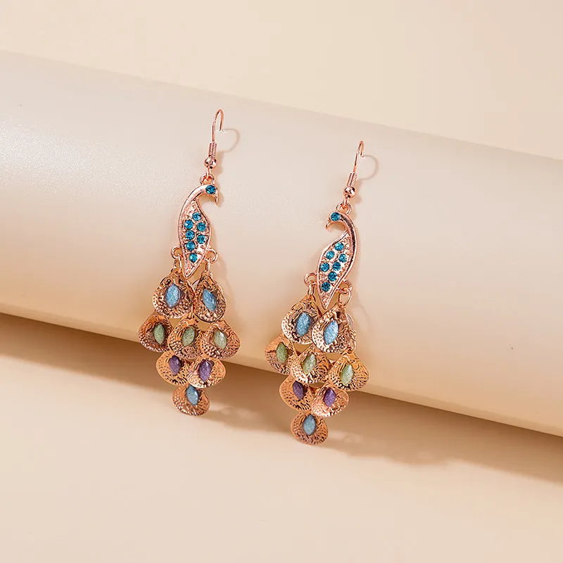 Wholesale Long Fashion Vintage Large Peacock Crystal Earrings