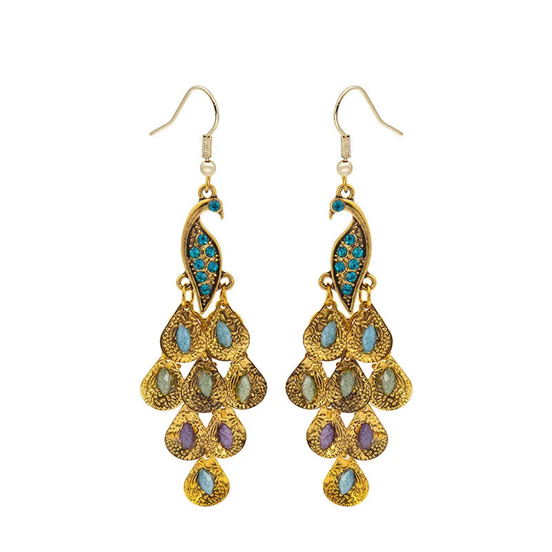 Wholesale Long Fashion Vintage Large Peacock Crystal Earrings