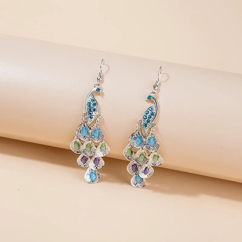 Wholesale Long Fashion Vintage Large Peacock Crystal Earrings