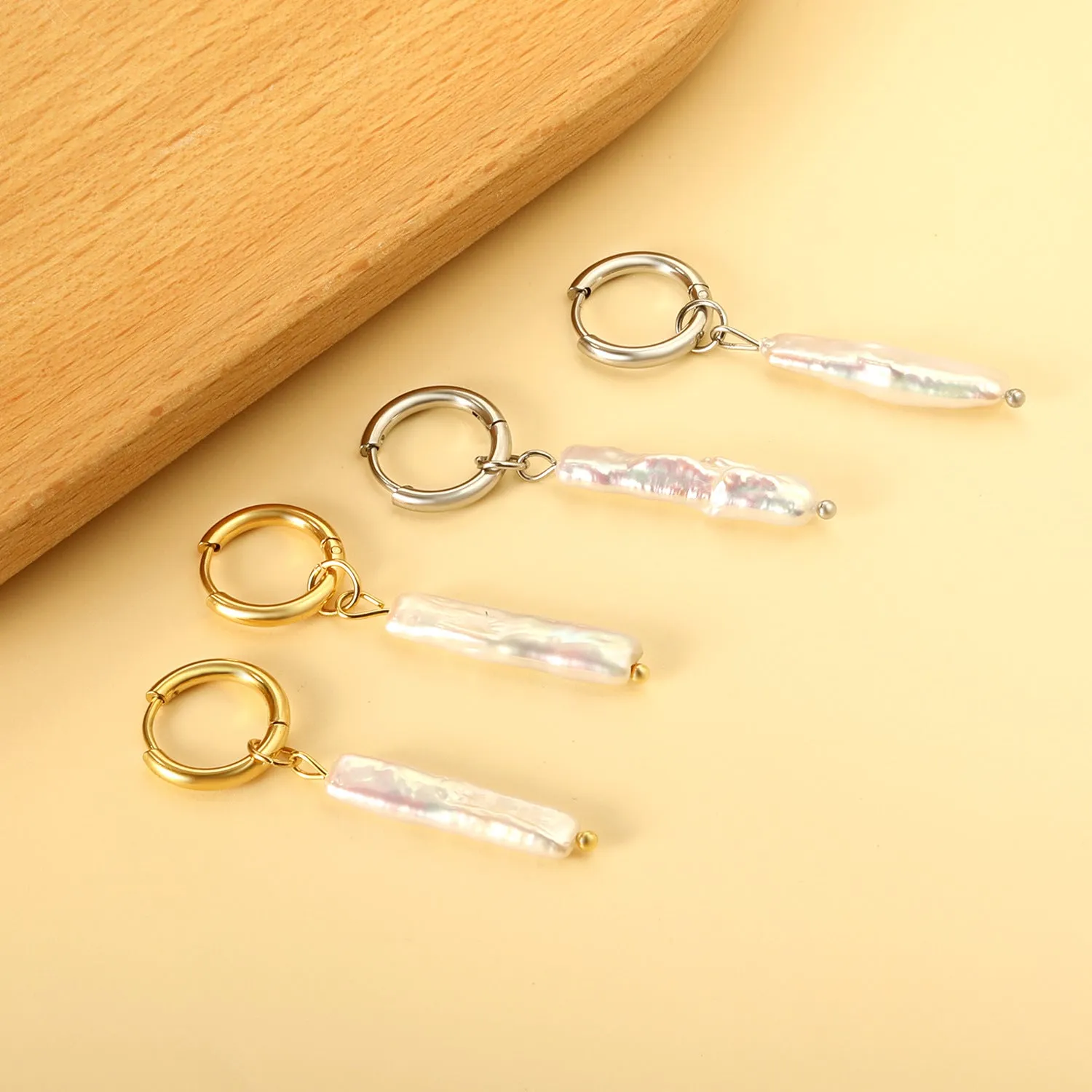 Wholesale Long Geometric Stainless Steel Pearl Earrings