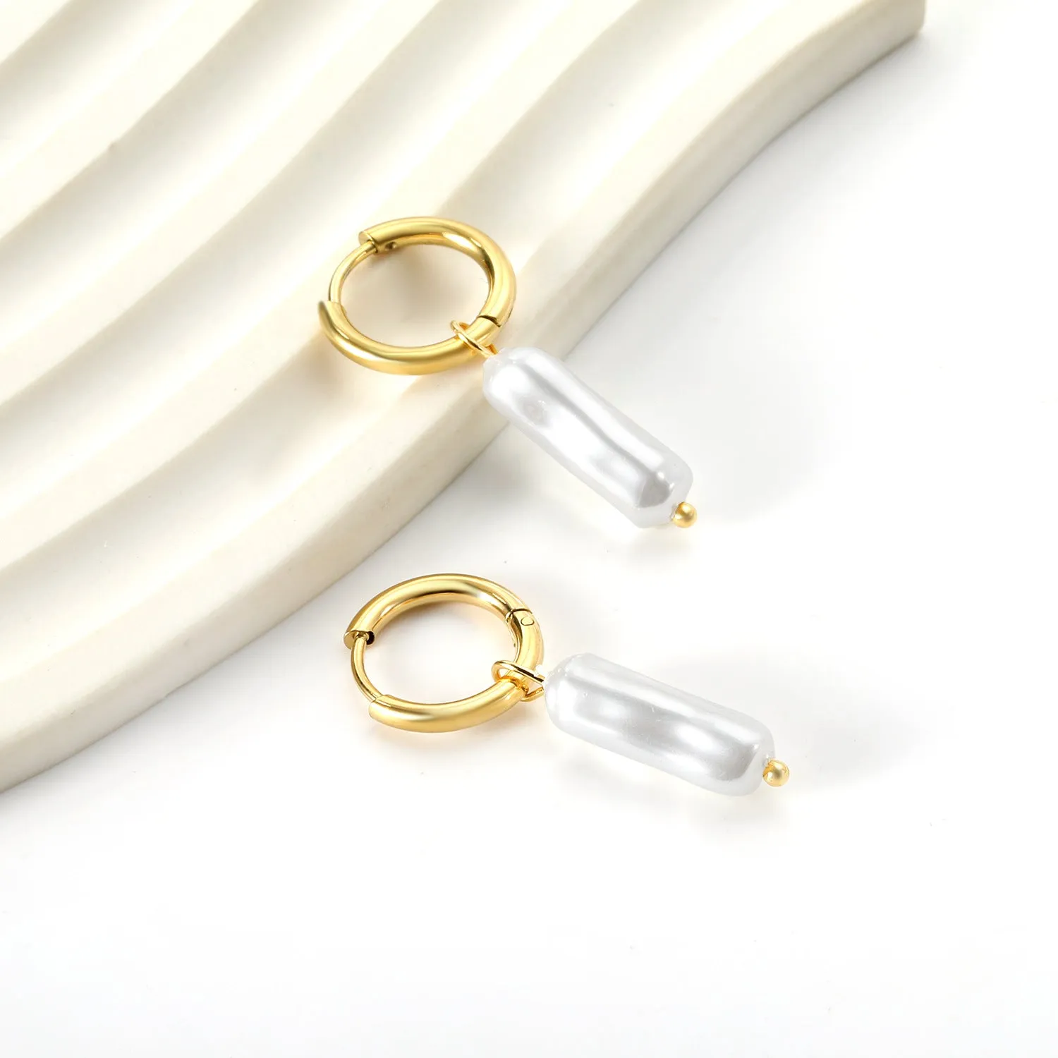 Wholesale Long Geometric Stainless Steel Pearl Earrings