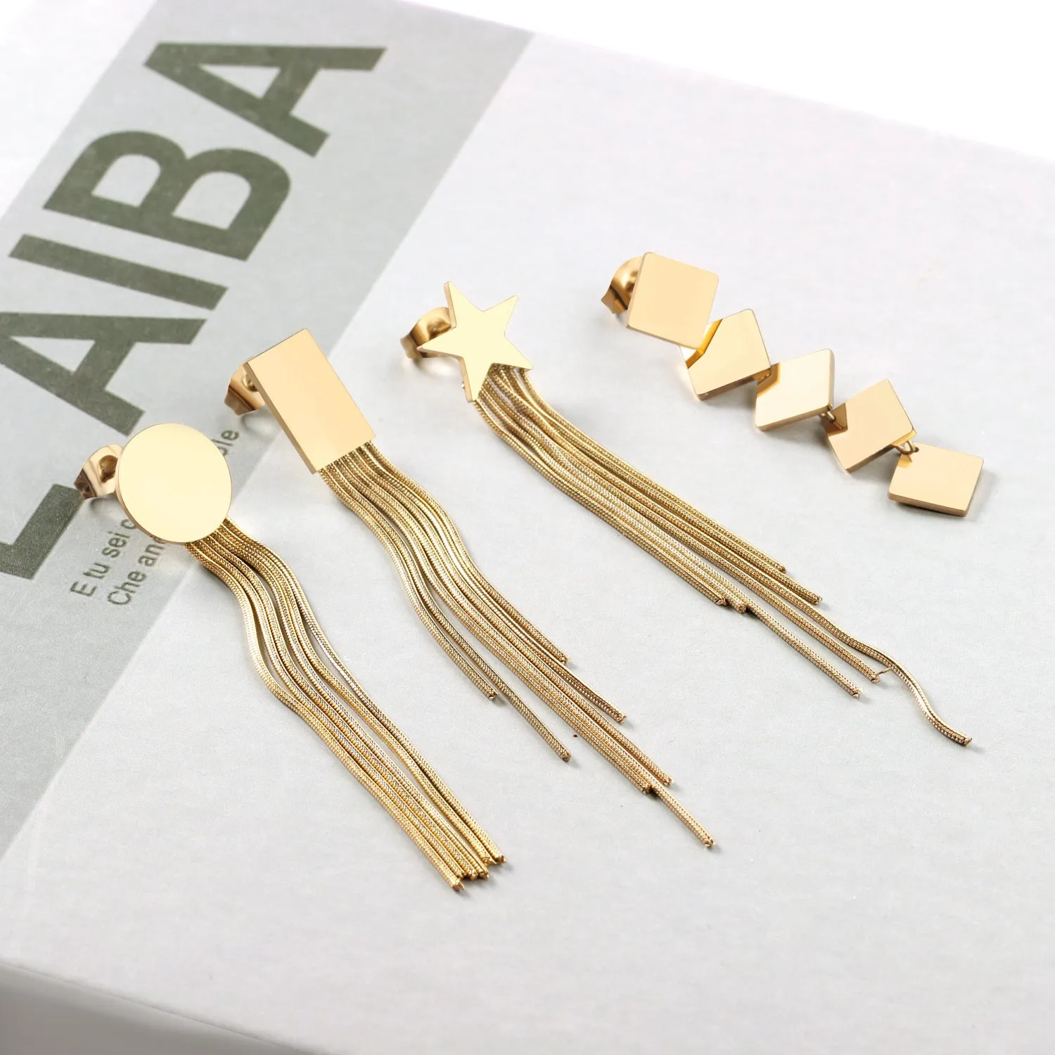 Wholesale Long Stainless Steel Chain Niche Retro Geometric Tassel Earrings