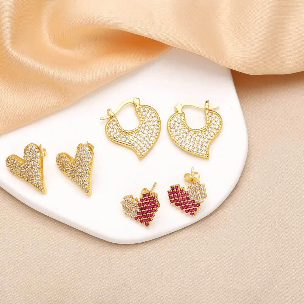 Wholesale Love Heart Copper Plated Real Gold Full Zircon Earrings