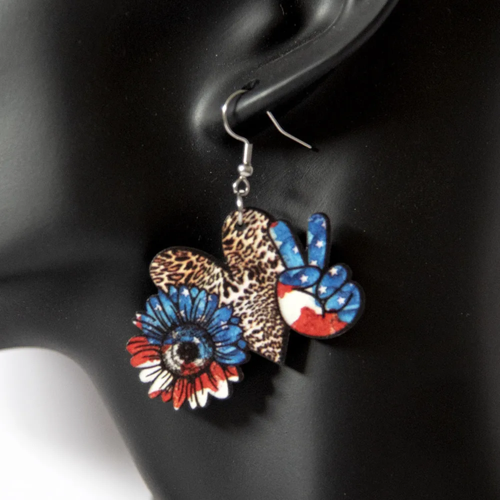 Wholesale Love Leopard Pattern Star Stripe Sunflowers Victory Independence Day Double Sided Wooden Earrings