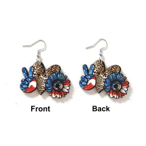 Wholesale Love Leopard Pattern Star Stripe Sunflowers Victory Independence Day Double Sided Wooden Earrings