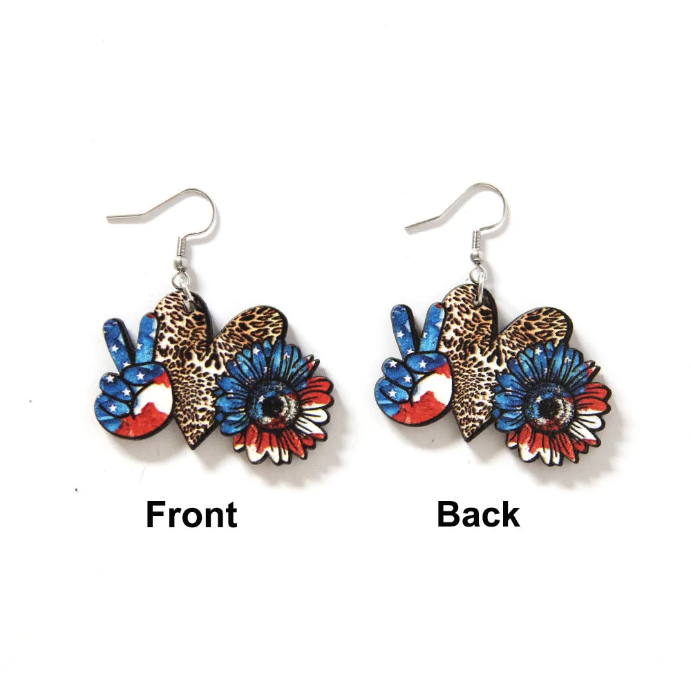 Wholesale Love Leopard Pattern Star Stripe Sunflowers Victory Independence Day Double Sided Wooden Earrings