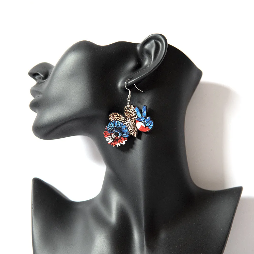 Wholesale Love Leopard Pattern Star Stripe Sunflowers Victory Independence Day Double Sided Wooden Earrings