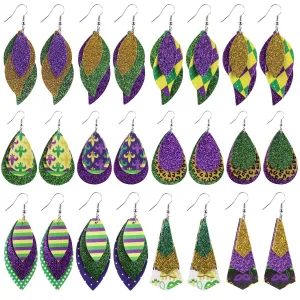 Wholesale Mardi Gras Cross Pattern Single Side Print Three Layer Leather Earrings