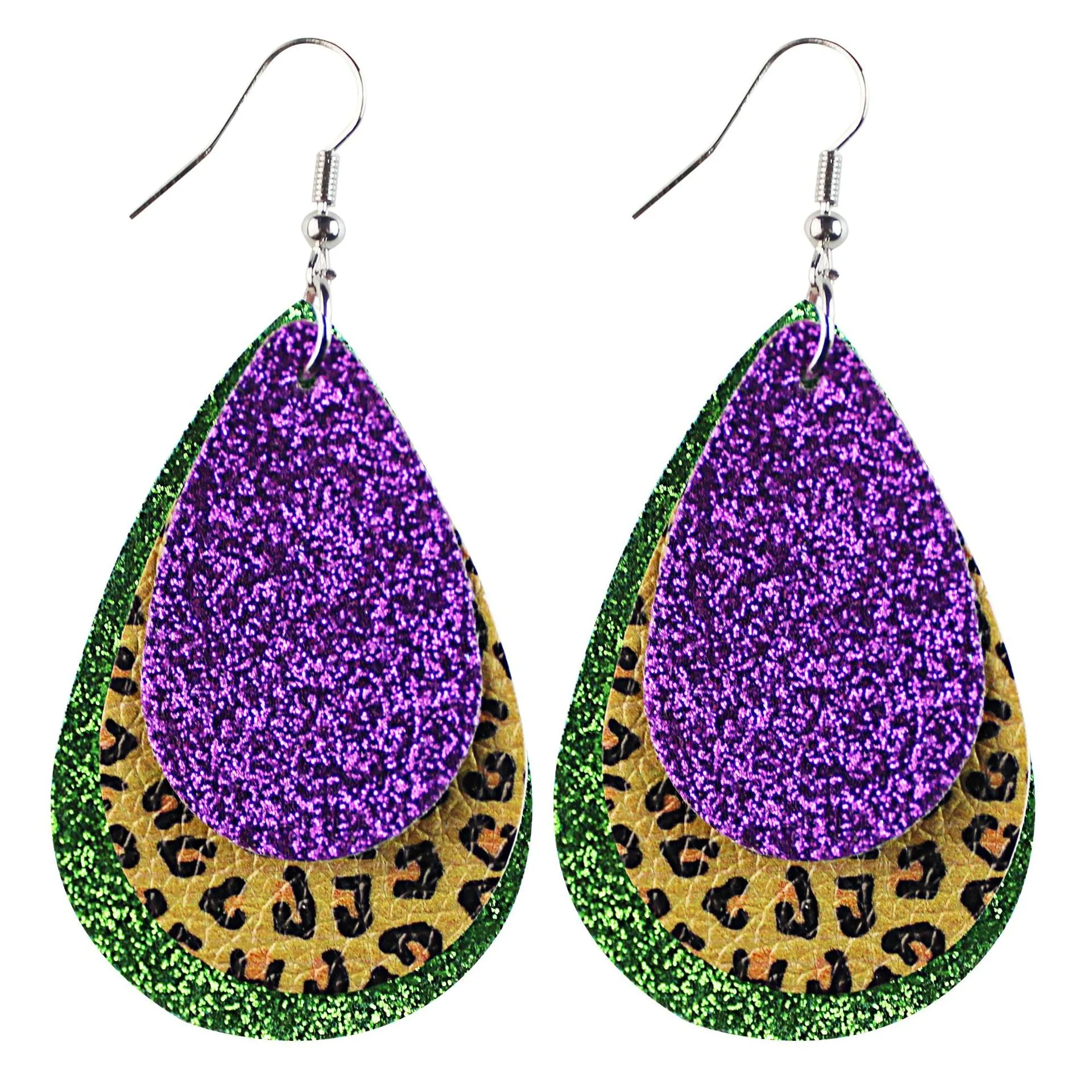 Wholesale Mardi Gras Cross Pattern Single Side Print Three Layer Leather Earrings