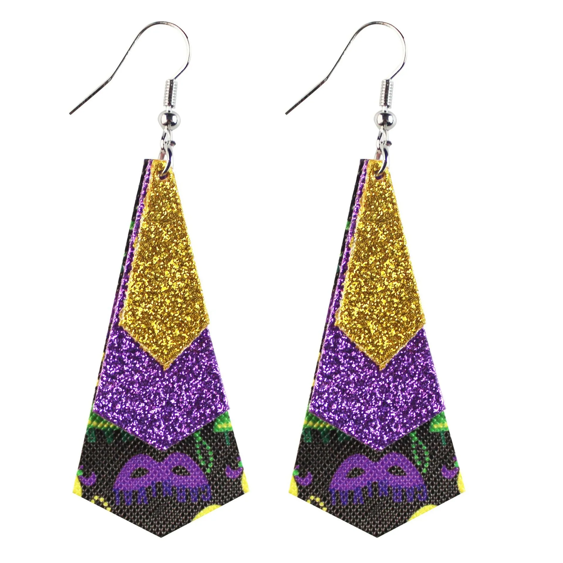Wholesale Mardi Gras Cross Pattern Single Side Print Three Layer Leather Earrings