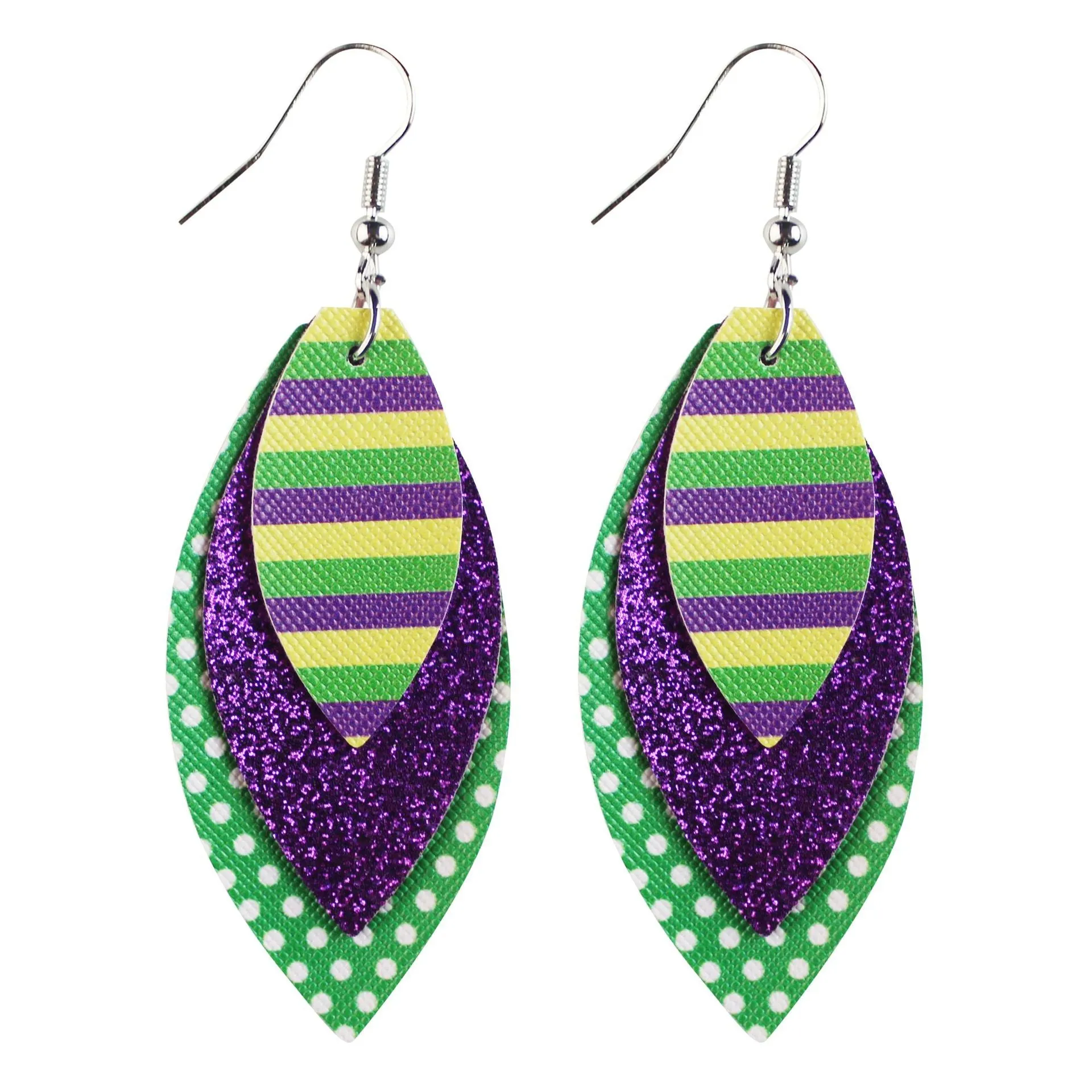 Wholesale Mardi Gras Cross Pattern Single Side Print Three Layer Leather Earrings