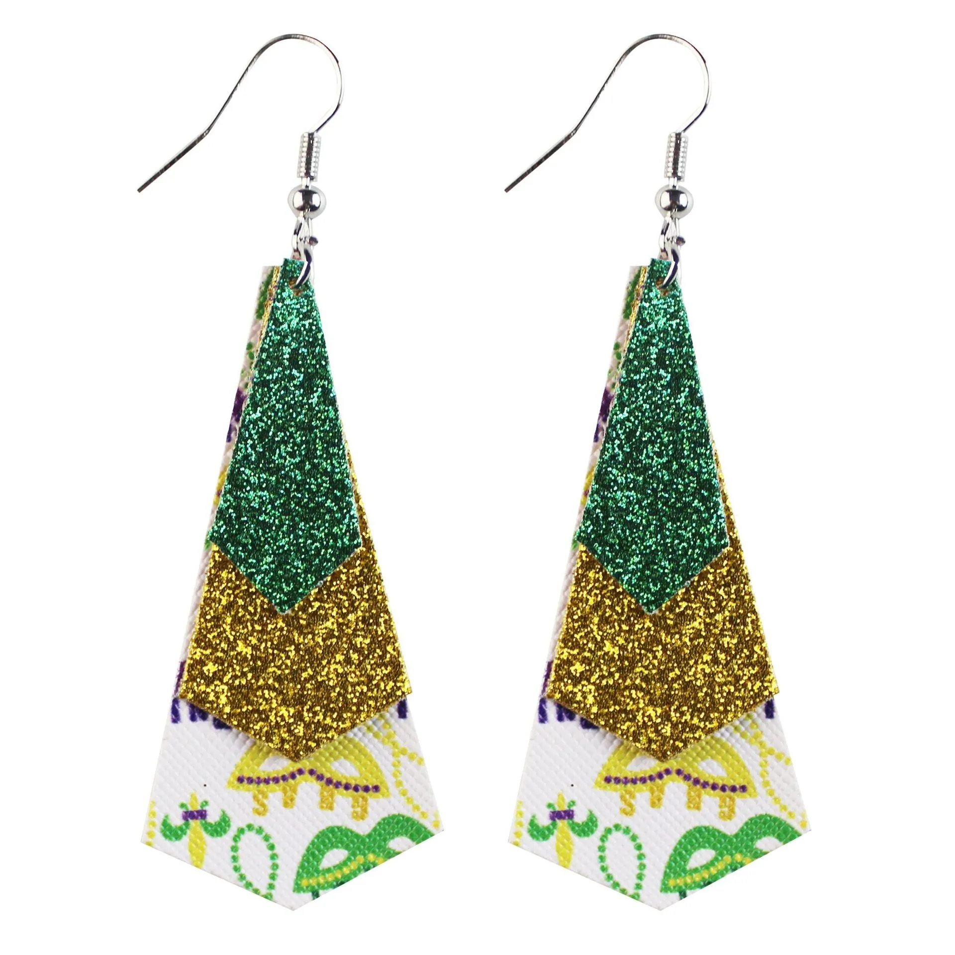 Wholesale Mardi Gras Cross Pattern Single Side Print Three Layer Leather Earrings