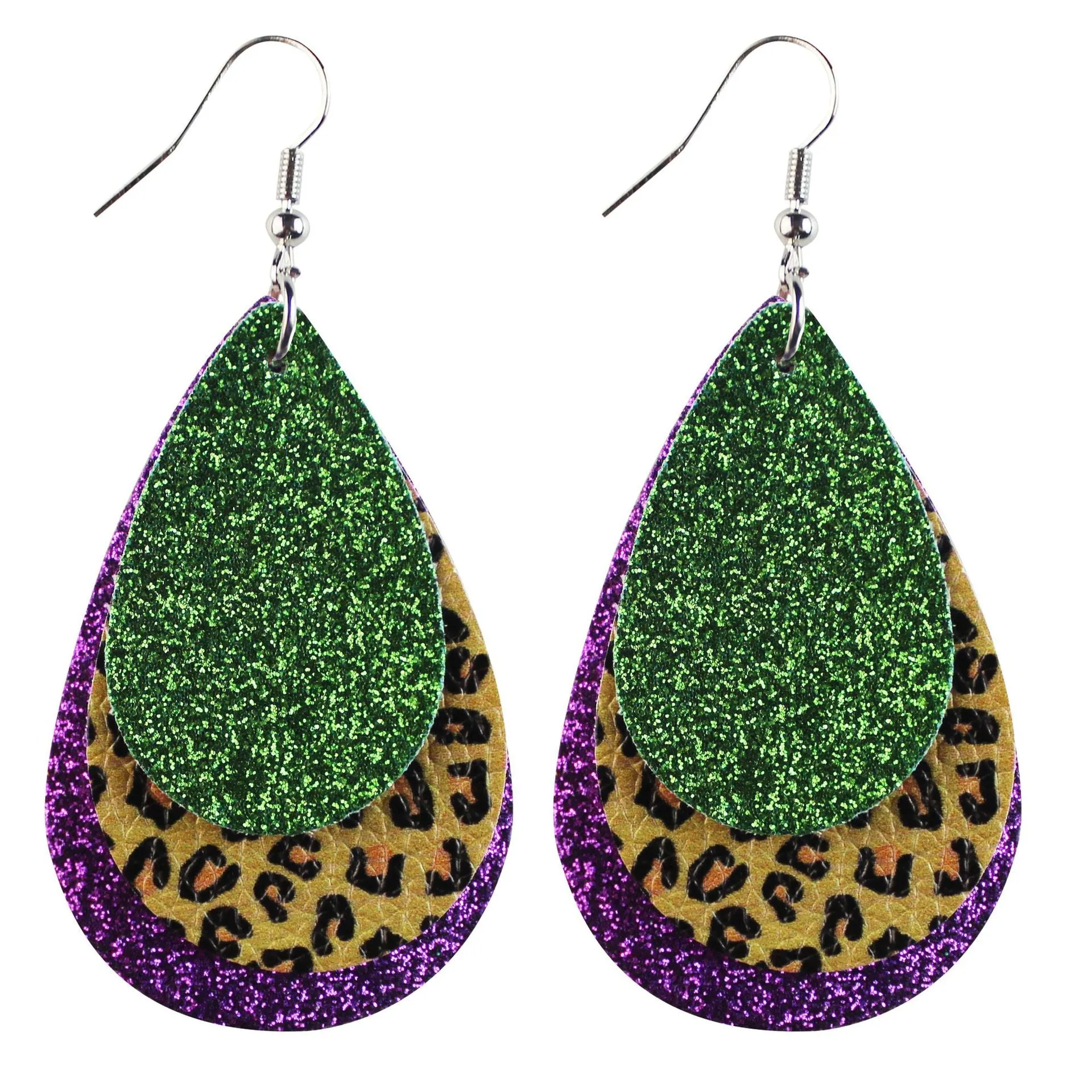 Wholesale Mardi Gras Cross Pattern Single Side Print Three Layer Leather Earrings