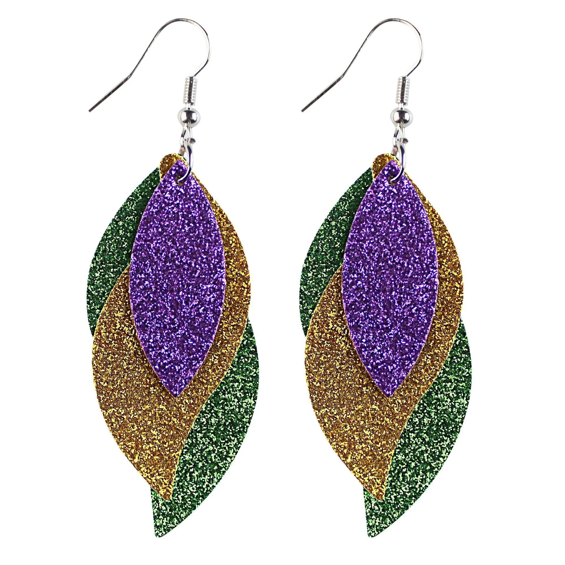 Wholesale Mardi Gras Cross Pattern Single Side Print Three Layer Leather Earrings