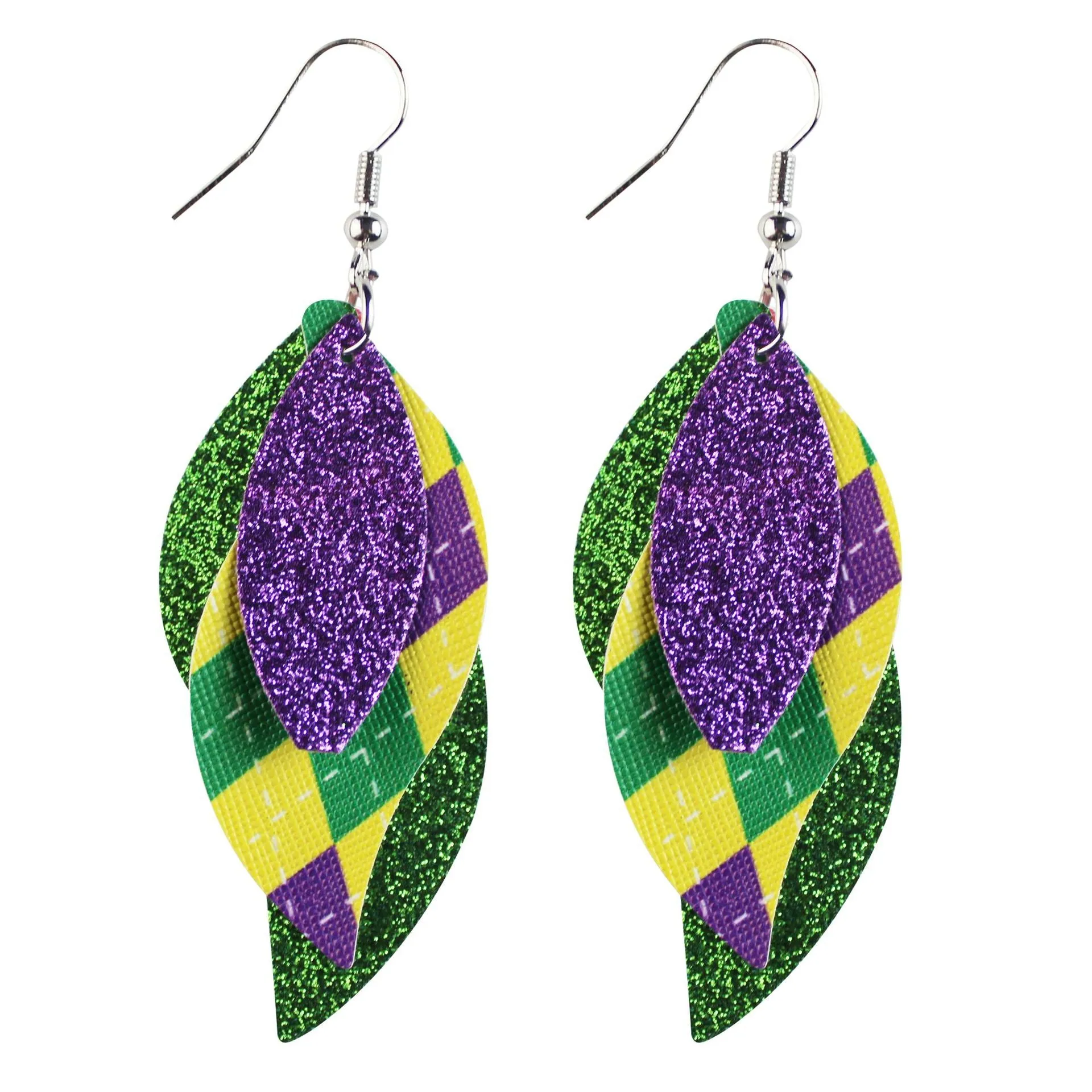 Wholesale Mardi Gras Cross Pattern Single Side Print Three Layer Leather Earrings
