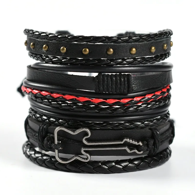 Wholesale Men's Braided Leather Bracelet Multi-layer Set Skull Bracelet