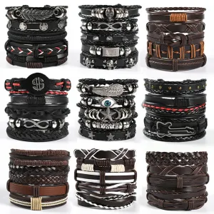 Wholesale Men's Braided Leather Bracelet Multi-layer Set Skull Bracelet