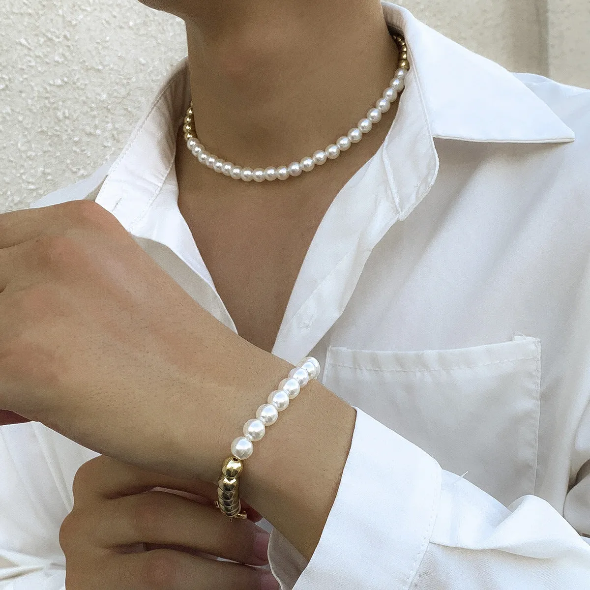 Wholesale Men's Collarbone Pearl Necklace Bracelet Set