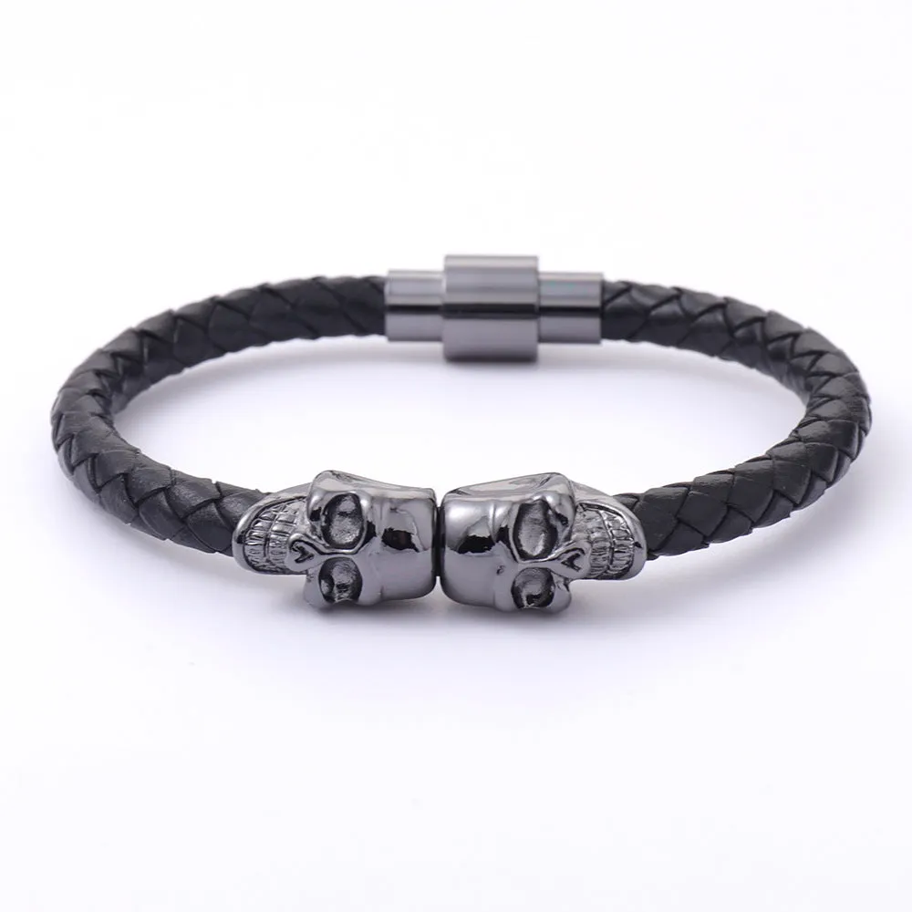 Wholesale men's cowhide punk style skull head Bracelet