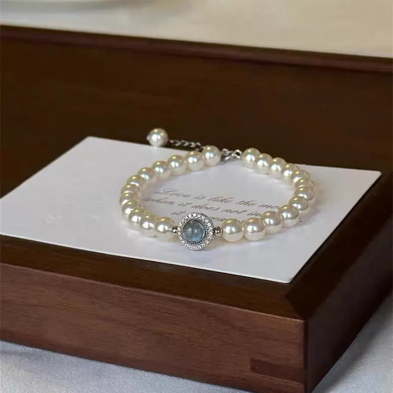 Wholesale Mermaid's tears navy blue sapphire artificial pearl beaded bracelet light luxury niche design bracelet