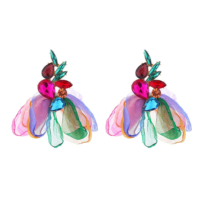 Wholesale Mesh Flower Alloy Diamond Long Tassel Earrings