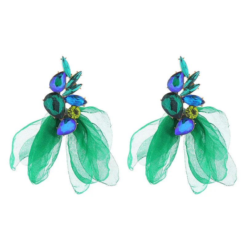 Wholesale Mesh Flower Alloy Diamond Long Tassel Earrings