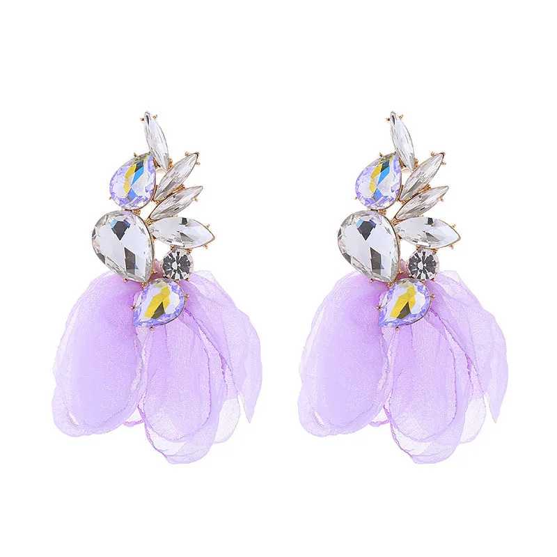 Wholesale Mesh Flower Alloy Diamond Long Tassel Earrings
