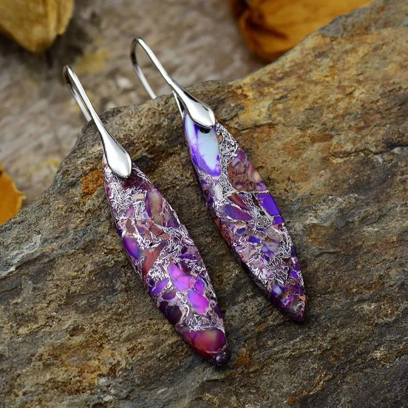 Wholesale Metal Imperial Stone Leaf Shape Earrings Natural Stone Jewelry