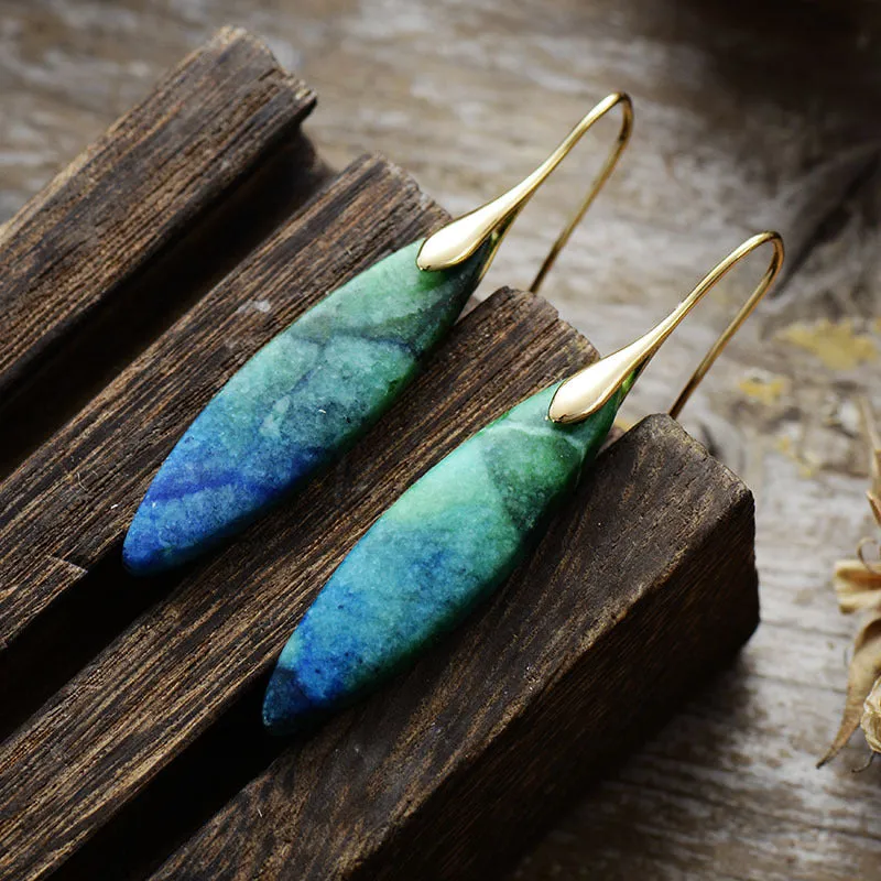 Wholesale Metal Imperial Stone Leaf Shape Earrings Natural Stone Jewelry