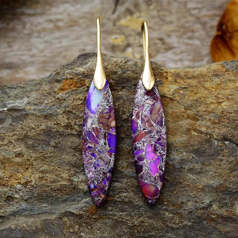 Wholesale Metal Imperial Stone Leaf Shape Earrings Natural Stone Jewelry