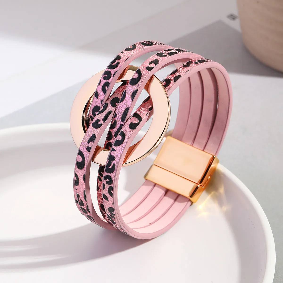 Wholesale Metal Leather Cross Women's Large Hoop Cuff Multi-layer Wristband Magnetic Clasp Bracelet