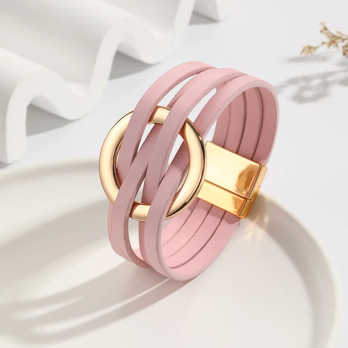 Wholesale Metal Leather Cross Women's Large Hoop Cuff Multi-layer Wristband Magnetic Clasp Bracelet
