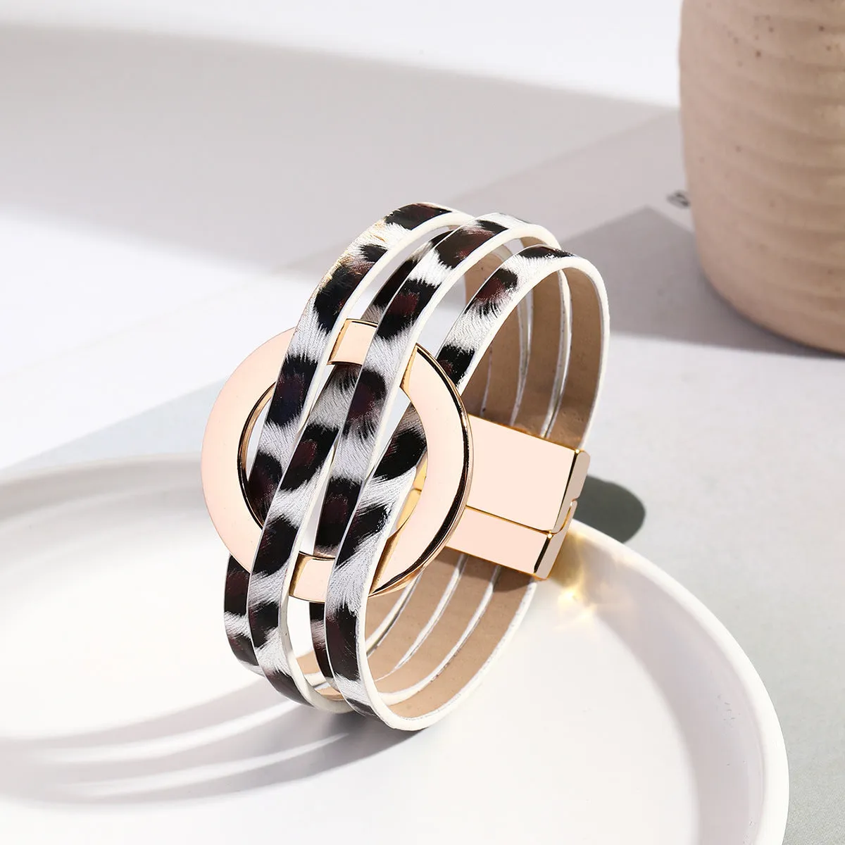 Wholesale Metal Leather Cross Women's Large Hoop Cuff Multi-layer Wristband Magnetic Clasp Bracelet
