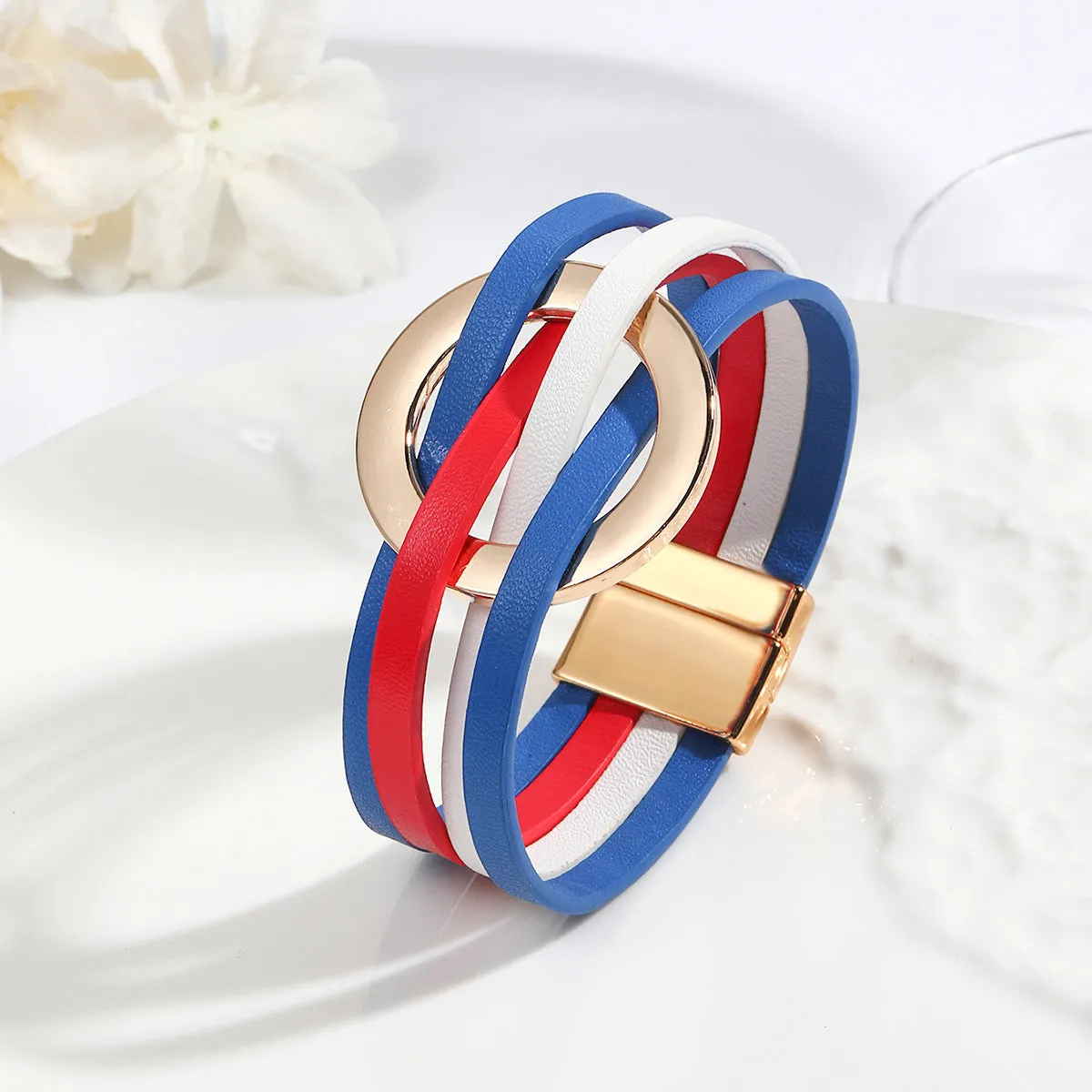 Wholesale Metal Leather Cross Women's Large Hoop Cuff Multi-layer Wristband Magnetic Clasp Bracelet