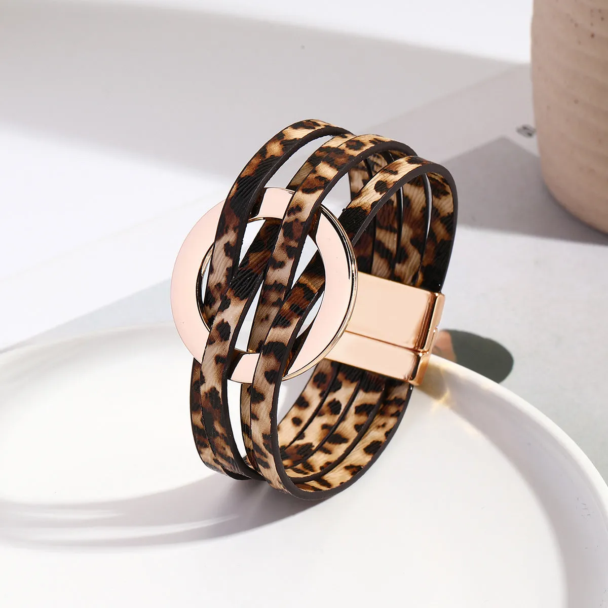 Wholesale Metal Leather Cross Women's Large Hoop Cuff Multi-layer Wristband Magnetic Clasp Bracelet