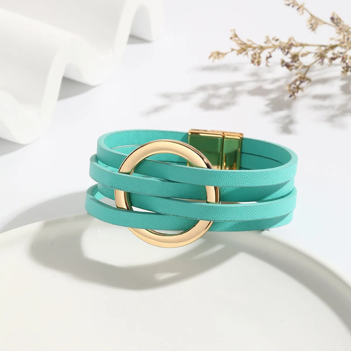 Wholesale Metal Leather Cross Women's Large Hoop Cuff Multi-layer Wristband Magnetic Clasp Bracelet