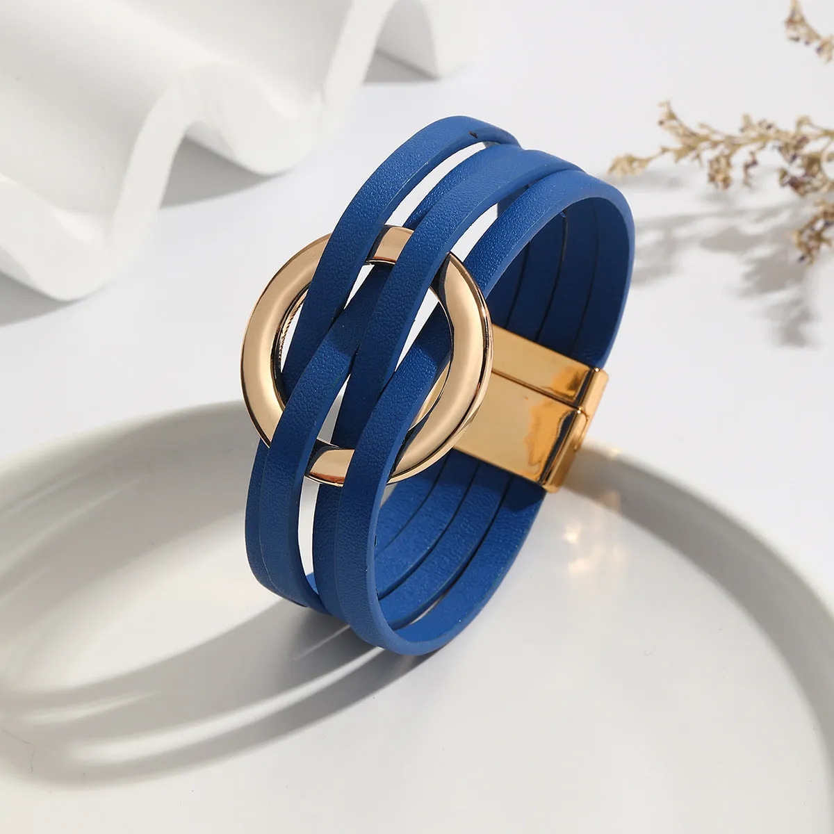 Wholesale Metal Leather Cross Women's Large Hoop Cuff Multi-layer Wristband Magnetic Clasp Bracelet