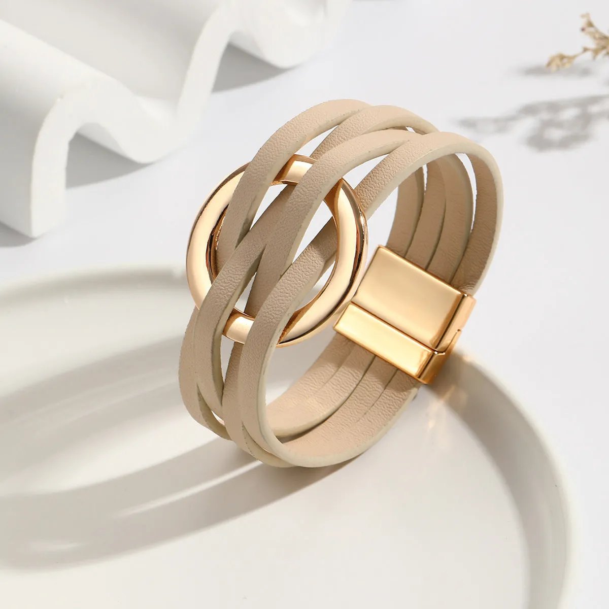 Wholesale Metal Leather Cross Women's Large Hoop Cuff Multi-layer Wristband Magnetic Clasp Bracelet