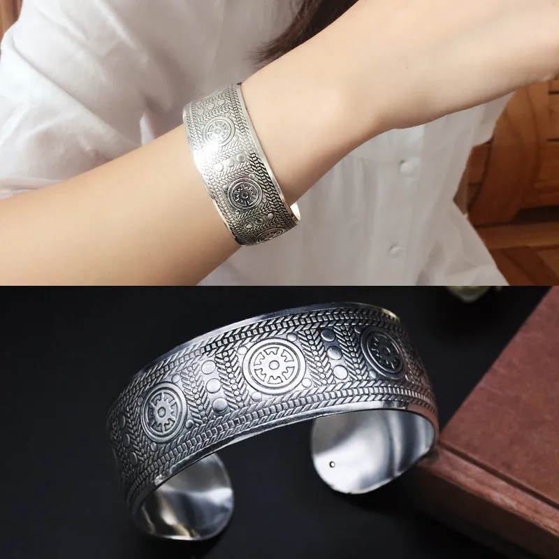 Wholesale Miao Silver Bohemian Carved Wide Bracelet