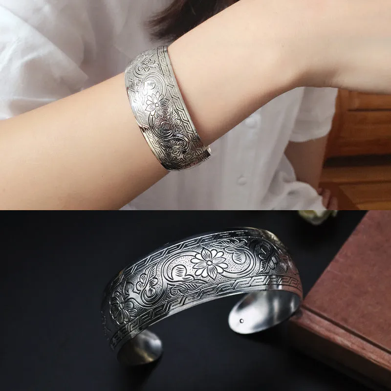 Wholesale Miao Silver Bohemian Carved Wide Bracelet