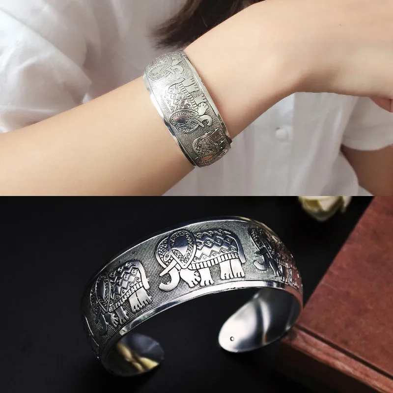 Wholesale Miao Silver Bohemian Carved Wide Bracelet