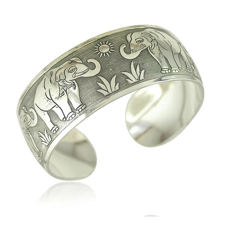 Wholesale Miao Silver Bohemian Carved Wide Bracelet