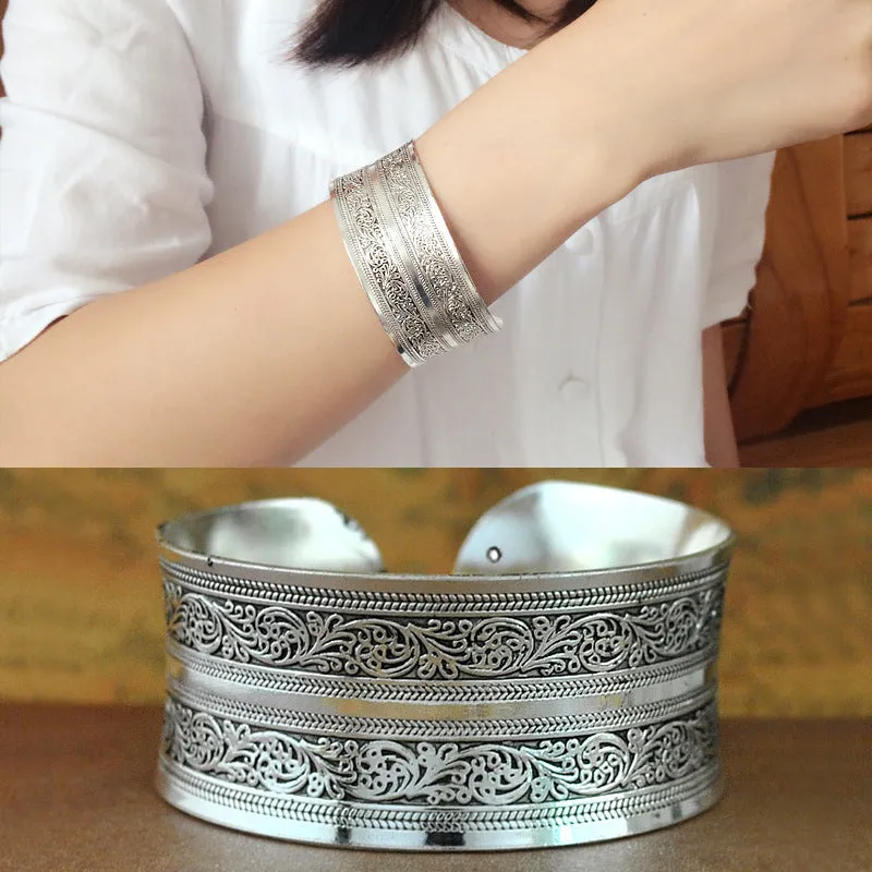 Wholesale Miao Silver Bohemian Carved Wide Bracelet
