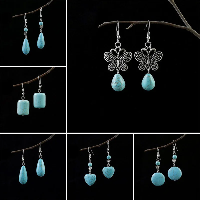 Wholesale Miao Silver Ethnic Style Retro Turquoise Water Drop Earrings