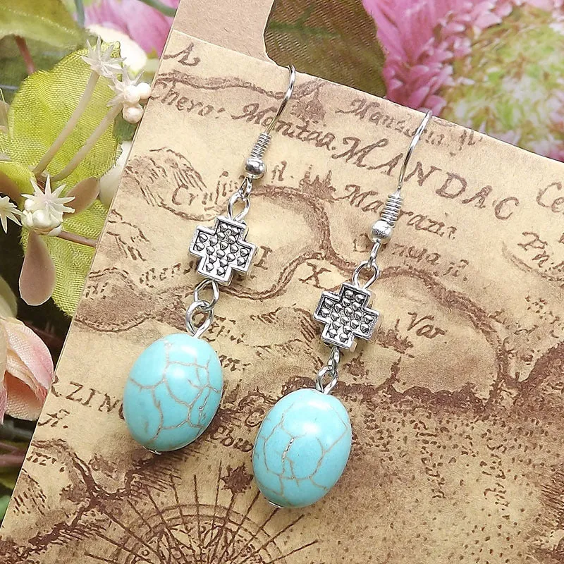 Wholesale Miao Silver Ethnic Style Retro Turquoise Water Drop Earrings