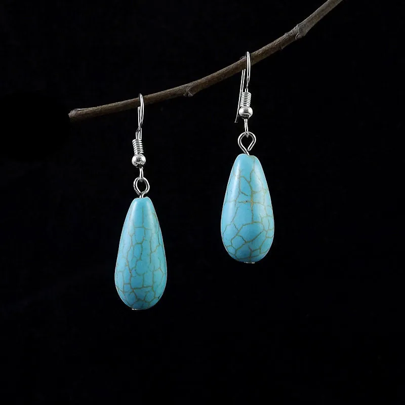 Wholesale Miao Silver Ethnic Style Retro Turquoise Water Drop Earrings