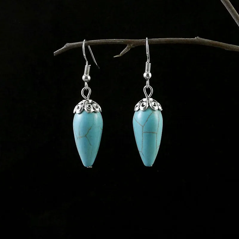 Wholesale Miao Silver Ethnic Style Retro Turquoise Water Drop Earrings